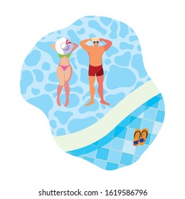 young couple with swimsuit floating in pool vector illustration design