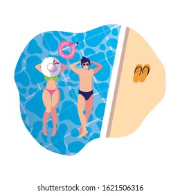 young couple with swimsuit floating in pool vector illustration design