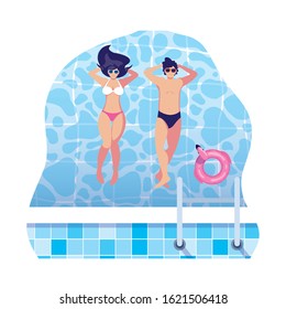 young couple with swimsuit floating in pool vector illustration design