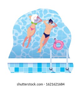 young couple with swimsuit floating in pool vector illustration design