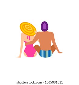 Young couple in swimwear sunbathing on beach character in flat style. Couple in love relaxing at beach together. Summertime family vacation vector illustration isolated on white background.