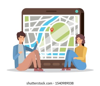 young couple with tablet and gps app vector illustration design