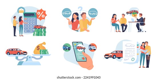 Young couple takes out car loan. People searching and choosing automobile. Bank mortgage. Mobile app for vehicle buying. Happy family with key and sale contract. Vector