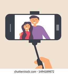 Young couple takes pictures on a selfie stick. Photographer. Editable Vector Illustration