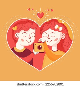 Young Couple Taking A Photo Together From Camera Inside Heart Shape Orange Background. Love Concept.