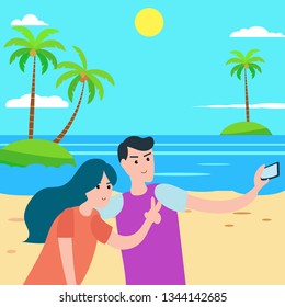 young couple taking self portrait at the beach.Flat Summer Background design. Vector Beach Landscape