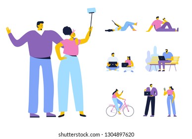 Young couple taking selfie. Men and women holding smartphones and laptops. Texting, talking, listening to music. Group of male and female cartoon characters. Flat vector people isolated on white bg