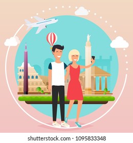 Young couple taking a selfie on a vacation. Cartoon man and woman. Concept of friendship and fun with new trends and technology. Vector people.