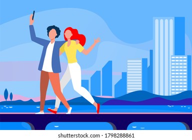 Joven pareja se toma selfie en un puente con el paisaje urbano. Ilustración de vector plano marino, smartphone, turista. Concepto de vacaciones y viajes para banner, diseño de sitios web o página web de aterrizaje