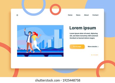 Young couple taking selfie on bridge with cityscape. Tourist, smartphone, sea flat vector illustration. Vacation and travel concept for banner, website design or landing web page