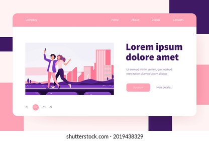 Young couple taking selfie on bridge with cityscape. Tourist, smartphone, sea flat vector illustration. Vacation and travel concept for banner, website design or landing web page