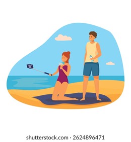 Pareja joven tomando selfie en la playa mientras celebra cócteles y disfruta de vacaciones de verano