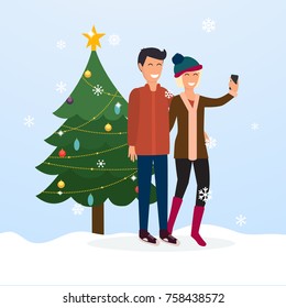 Young couple taking a selfie on the background of a Christmas tree. Cartoon man and woman. Concept of friendship and fun with new trends and technology. Vector people.