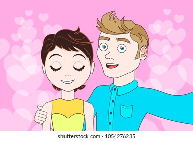 Young Couple Taking Selfie Photo Posing Make Self Portrait