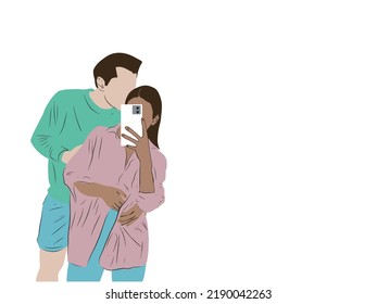 Young couple taking a selfie photo. Flat vector illustration isolated on white background.