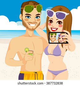 Young couple taking selfie photo together with mobile phone camera at beach