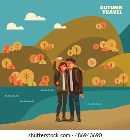 Young couple taking selfie. Travel, vacation, holidays and adventure vector concept illustration. Autumn mountain landscape background. Poster design style