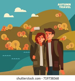 Young couple taking selfie. Travel, vacation, holidays and adventure vector concept illustration. Autumn mountain landscape background