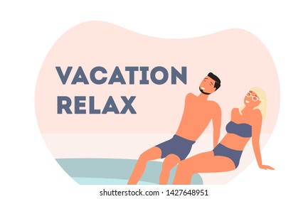 Young couple taking time to relax and have sunbathing near the swimming pool. Summer vacation beach party