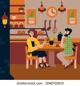 Young couple are talking in a cozy cafeteria, with a cup of tea and simit