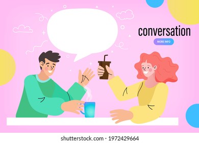 Young couple talking and drinking coffee in a cafe. People sitting at table at lunch talk and drink tea. Vector Illustration.