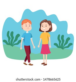 Young couple talking and having fun o at nature cartoon vector illustration graphic design.