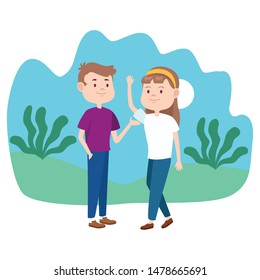 Young couple talking and having fun o at nature cartoon vector illustration graphic design.