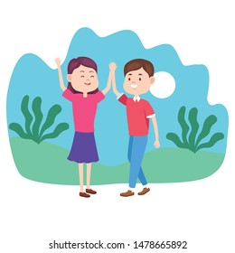 Young couple talking and having fun o at nature cartoon vector illustration graphic design.