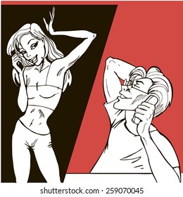 Young couple talking on mobile phone. Vector 2.