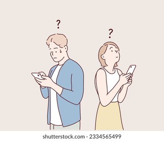 Una pareja joven hablando por teléfono. Ilustraciones de diseño vectorial de estilo dibujado a mano.