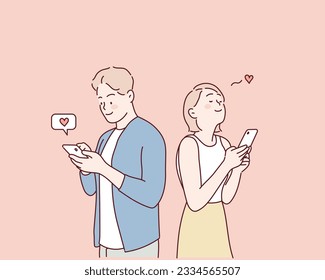 Young couple talking on the phone. Hand drawn style vector design illustrations.