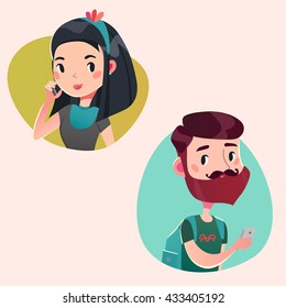 Young couple talking on the phone. Vector illustration,