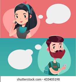 Young Couple Talking On The Phone. Vector Illustration,