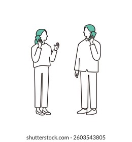 Young couple talking on smartphone.