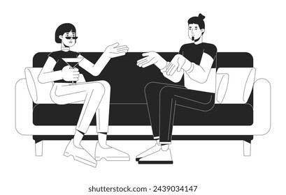 Young couple talking on sofa black and white 2D line cartoon characters. Man and woman chilling at party isolated vector outline people. Comfortable communication monochromatic flat spot illustration