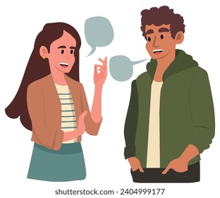 Una pareja joven hablando. La gente se comunica. Comunicación positiva de amigos multinacionales. La gente conversa con burbujas de habla. Ilustración de dibujos animados de vector plano aislados en blanco