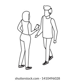 young couple talking with smartphone