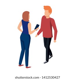 young couple talking with smartphone