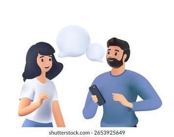 Jovem casal conversando juntos 3D renderizar ilustração vetorial. Pessoas se comunicando. Comunicação positiva de amigos multinacionais. Pessoas conversando com balões de fala. Ilustração em desenho animado