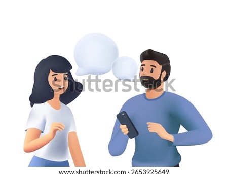Young couple talking together 3D render vector illustration. People communicating. Positive communication of multinational friends. People conversation with speech bubbles. Cartoon illustration