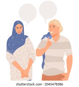 Young couple talking together. Man and woman are communicating. People chatting with speech bubbles.