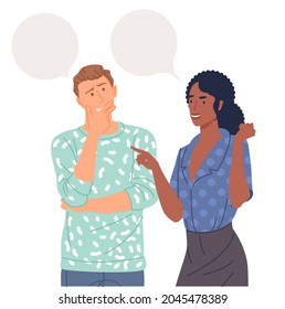 Young couple talking together. Man and woman are communicating. People chatting with speech bubbles.