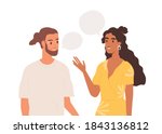 Young couple talking together. People communicating. Positive communication of multinational friends. People conversation with speech bubbles. Flat vector cartoon illustration isolated on white