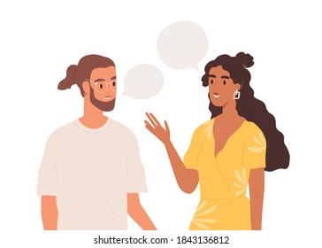 Young couple talking together. People communicating. Positive communication of multinational friends. People conversation with speech bubbles. Flat vector cartoon illustration isolated on white - Shutterstock ID 1843136812