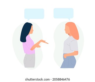 Young couple talking together. People communicating. Positive communication of multinational friends. People conversation with speech bubbles. Flat vector cartoon illustration isolated on white