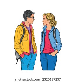 Young couple talking together. People communicating. Positive communication of multinational friends.