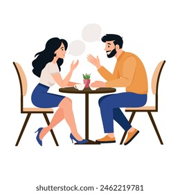 Young couple talking together. People communicating in cafe.  People conversation with speech bubbles. Flat vector illustration isolated on white