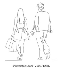 Young couple talking and walking away. Woman with shopping bags and both holding phones. Black continuous line drawing. Vector in line art style.