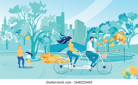 Young Couple Tandem Walk in Autumn Park, Banner. Guy and Girl Ride Double Bike, around there Tall, Thick, Yellowed Trees. Path Passes near Large Lake, and in Distance are Tall City Buildings.