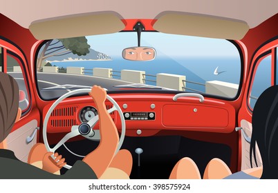 Young couple tavelling on coast road in retro car